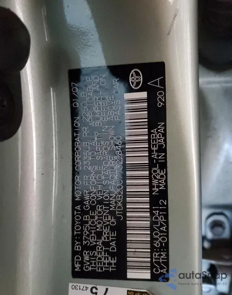 2007 Toyota Prius from USA, damaged, VIN JTDKB20U773228460